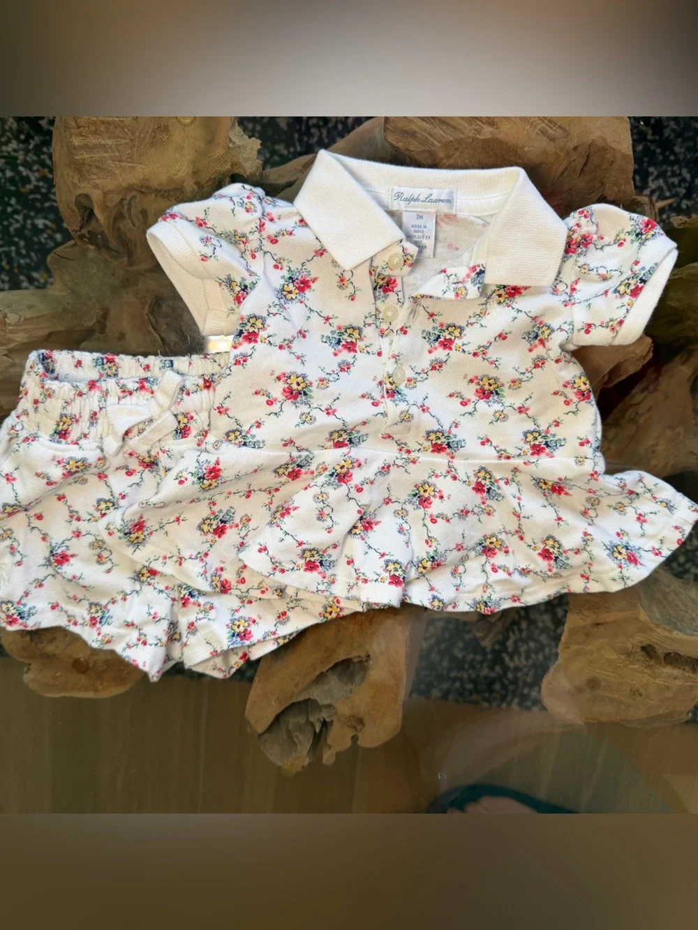 Ralph Lauren Girls' White Floral Polo Dress Set with Pink & Yellow Blooms